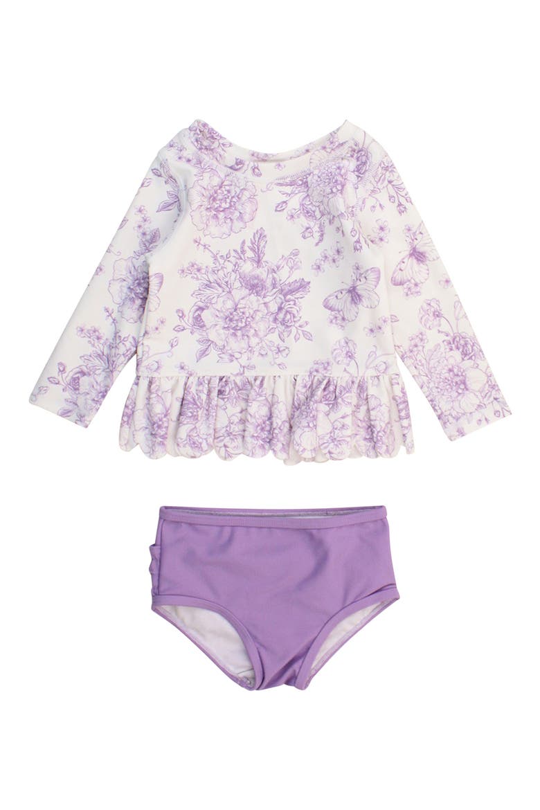 WIsteria Butterfly Garden Long Sleeve Two-Piece Rashguard Swimsuit, Main, color, PURPLE