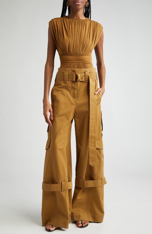 Zimmermann Silk Jersey Bodysuit With Gathered Detailing In Khaki