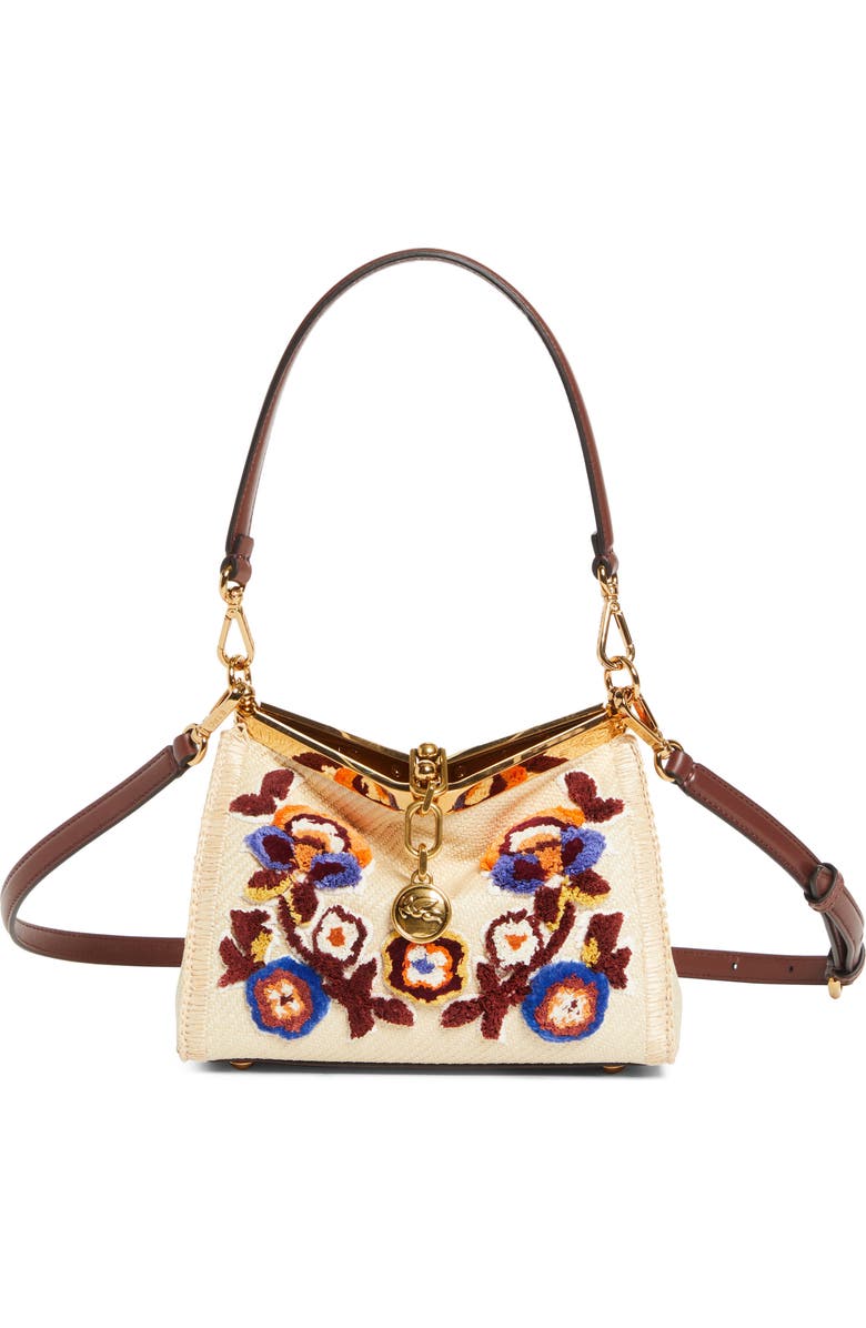 Etro Small Vela Floral Embroidered Raffia Shoulder Bag, Main, color, M0121 Beige