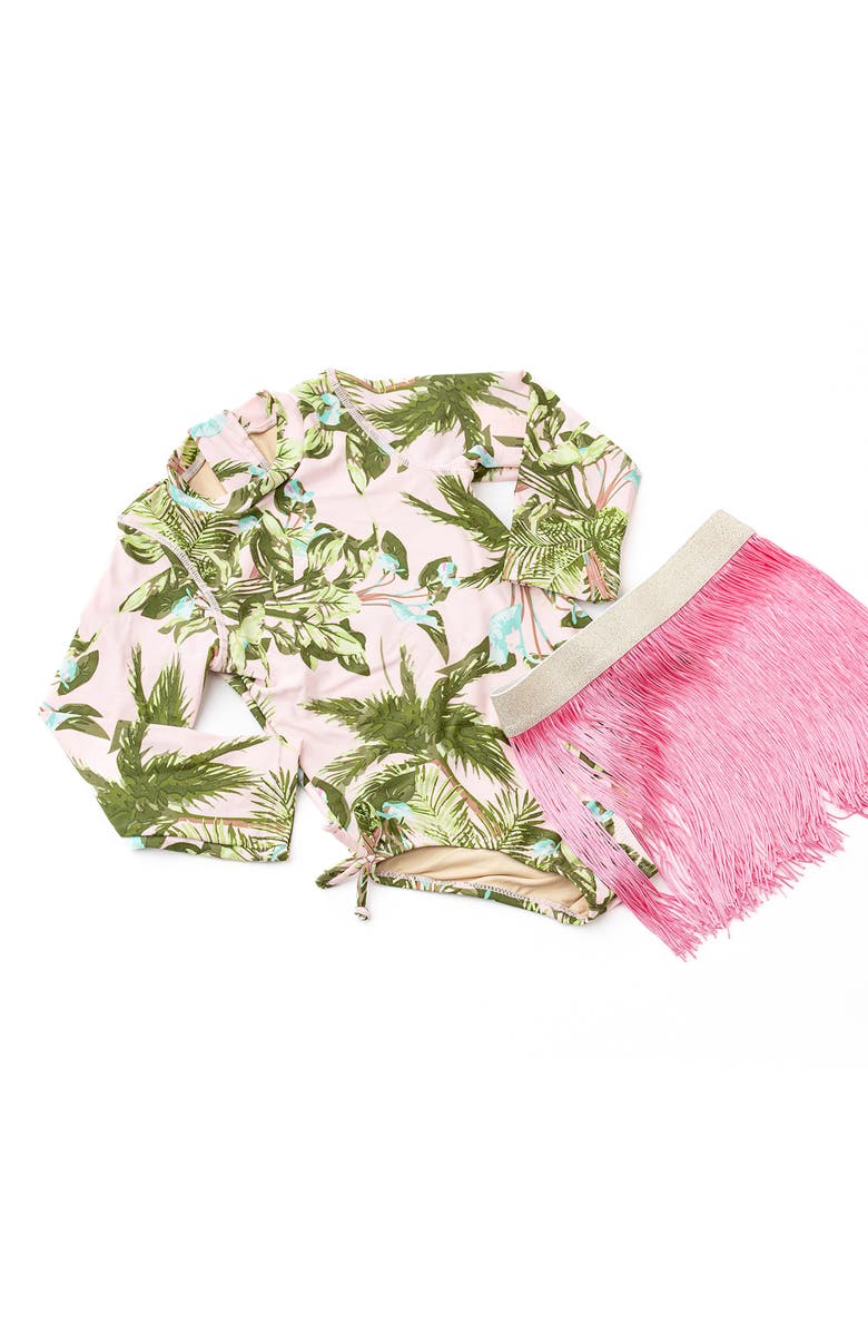 Shade Critters Kids' Blush Tropics One-Piece Rashguard Swimsuit & Fringe Cover-Up Skirt Set, Alternate, color, Pink