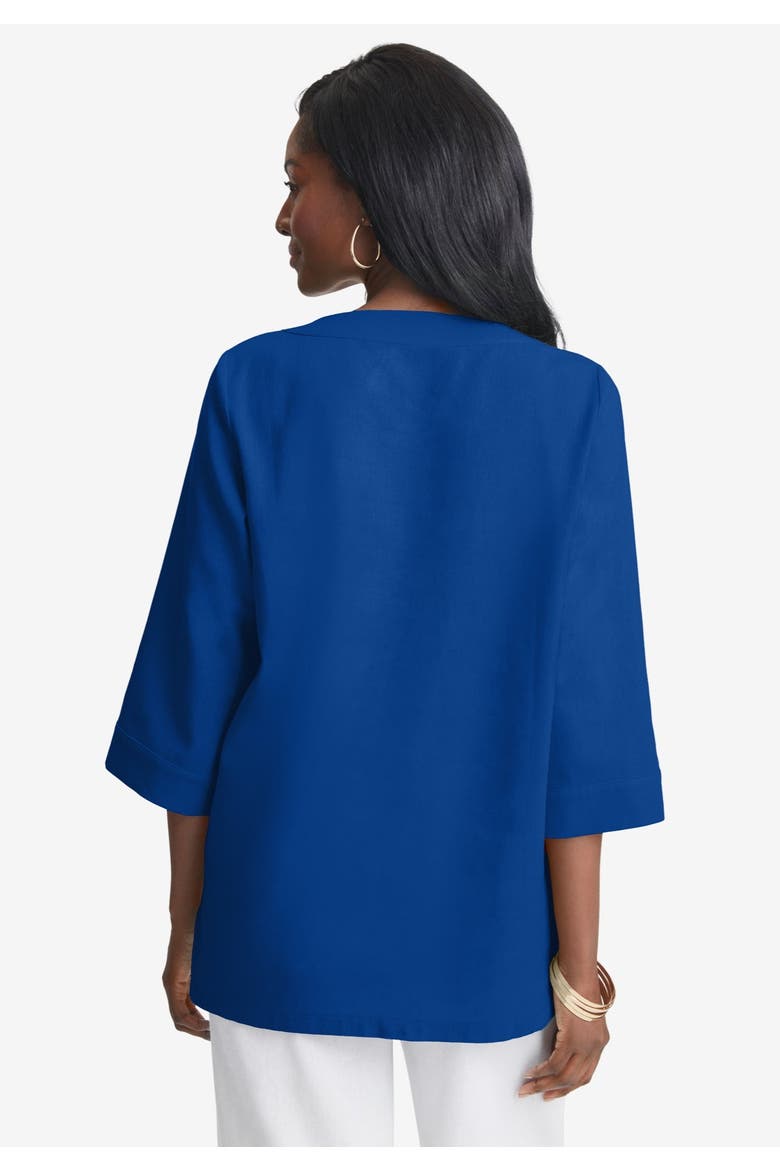Linen V Neck Embroidered Tunic, Alternate, color, SAPPHIRE LEAF EMBROIDERY