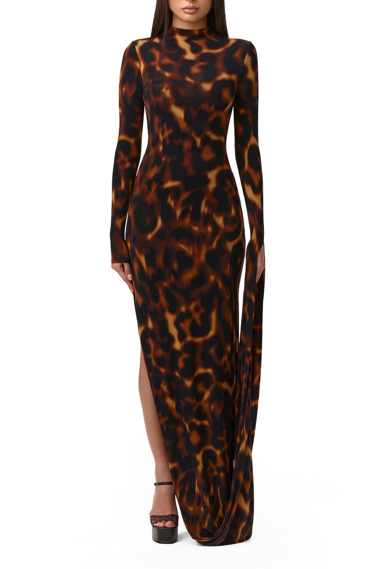 Draped Long Sleeve Maxi Dress, Main, color, TORTOISE