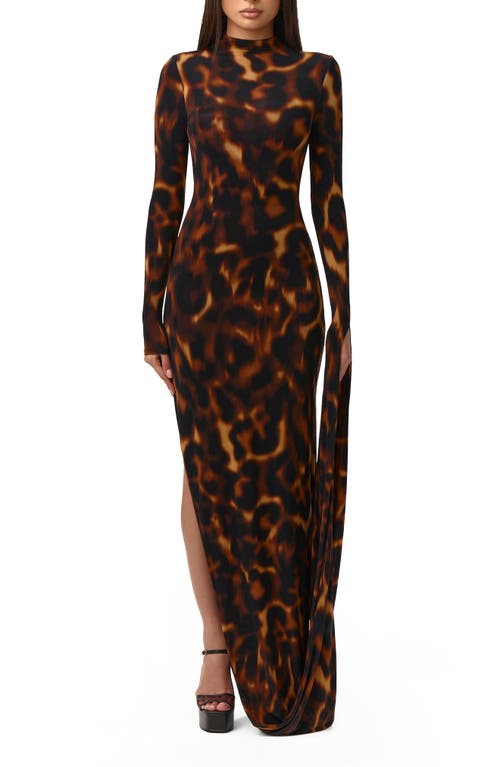 Naked Wardrobe Draped Long Sleeve Maxi Dress in Tortoise at Nordstrom, Size X-Small