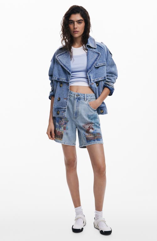 Desigual Patchwork Pattern Denim Shorts In Medium Blue