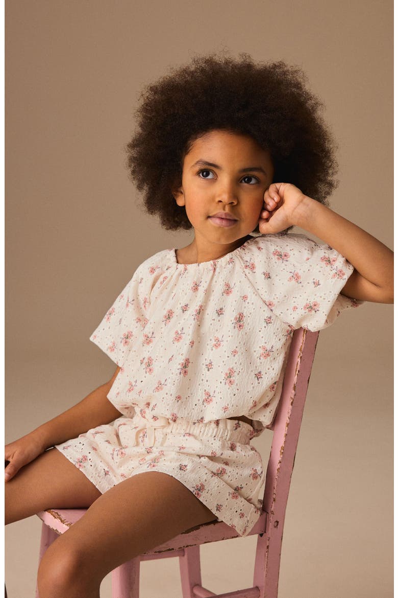 Kids' Ditsy Floral Cotton Puff Sleeve Top & Shorts Set, Alternate, color, NEUTRAL