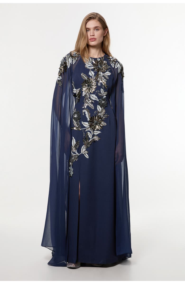 Karen Millen Floral 3D Cape Sleeve Maxi Dress, Main, color, Navy