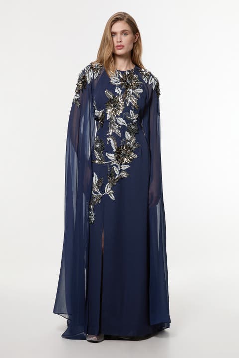 Floral 3D Cape Sleeve Maxi Dress