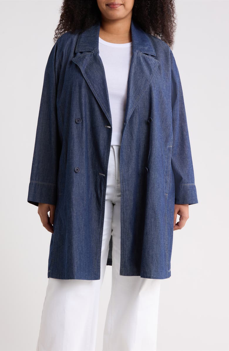 Eileen Fisher Double Breasted Denim Trench Coat, Main, color, Dark Indigo