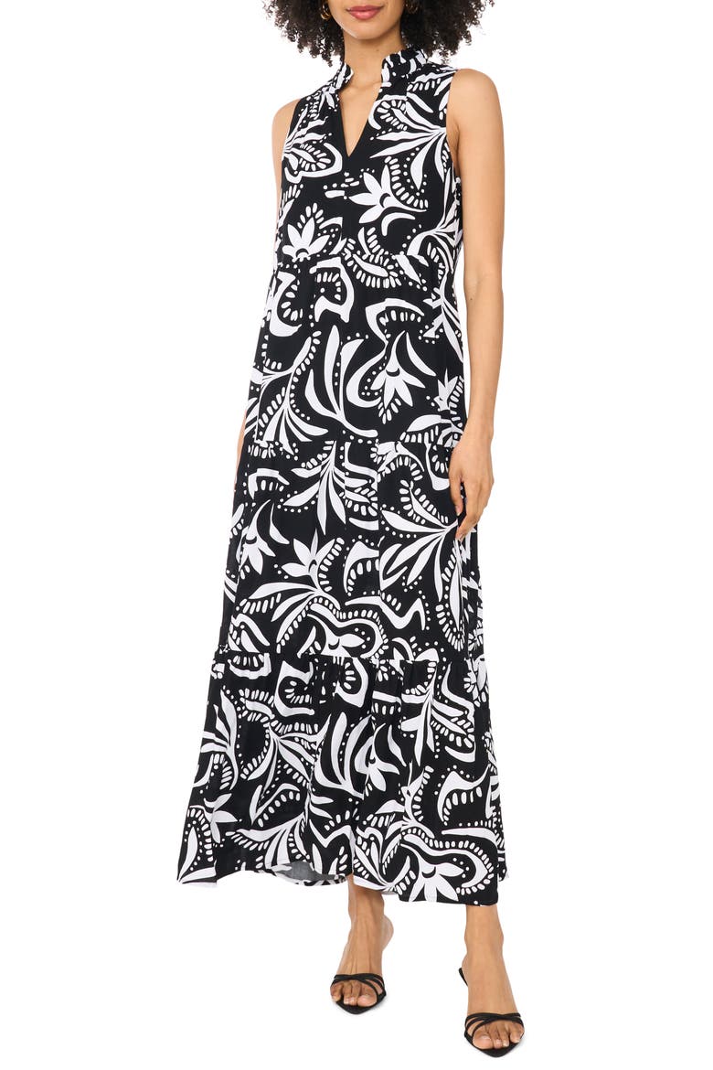 Print Sleeveless Tiered Maxi Dress, Main, color, RICH BLACK