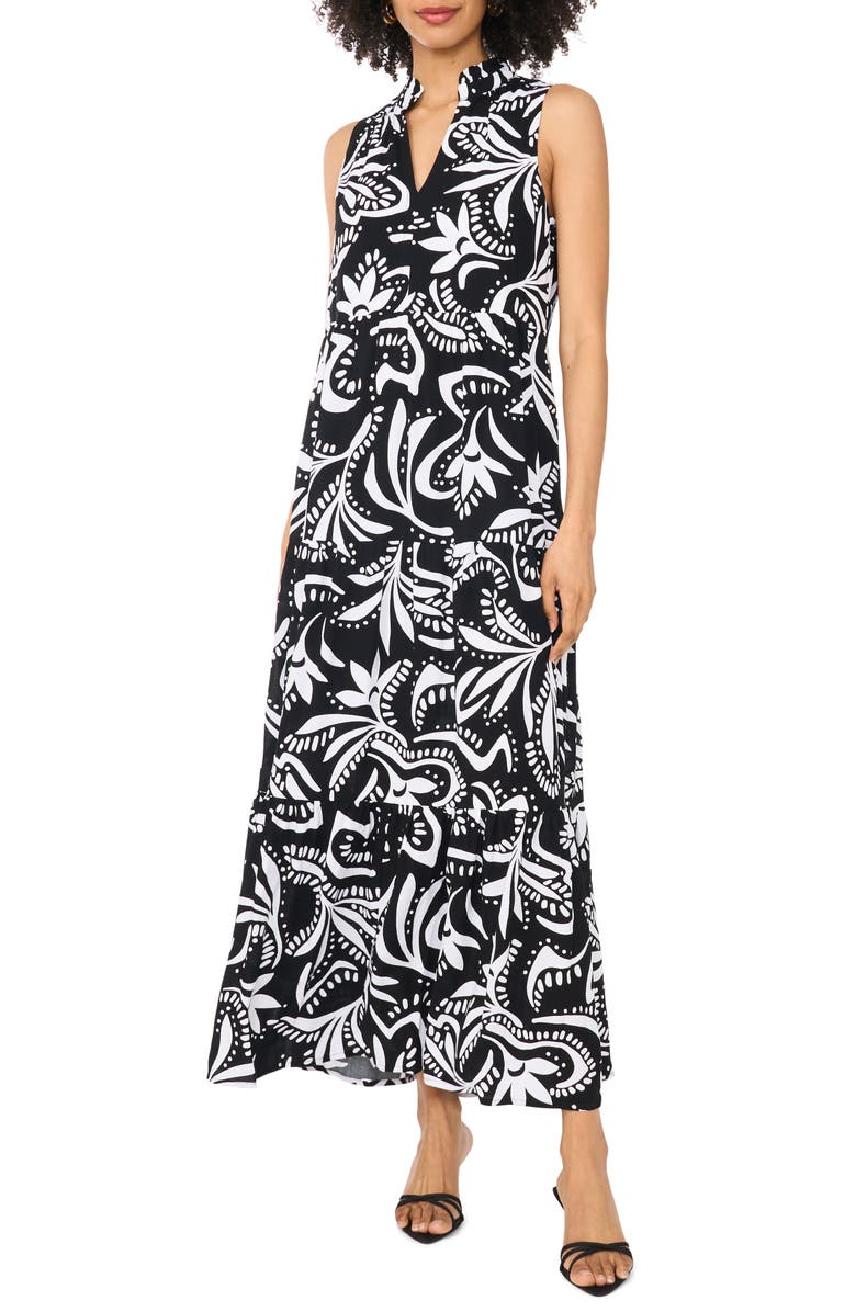 Vince Camuto Print Sleeveless Tiered Maxi Dress, Main, color, Rich Black