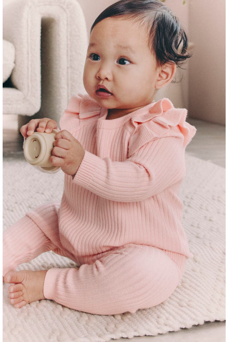 Kids' Ruffle Shoulder Rib Knit Top & Leggings Set, Alternate, color, PINK