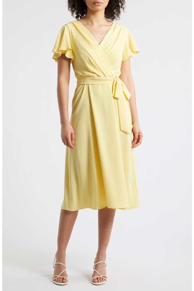 Flutter Sleeve Tie Waist Crepe Midi Dress, Main, color, LEMON