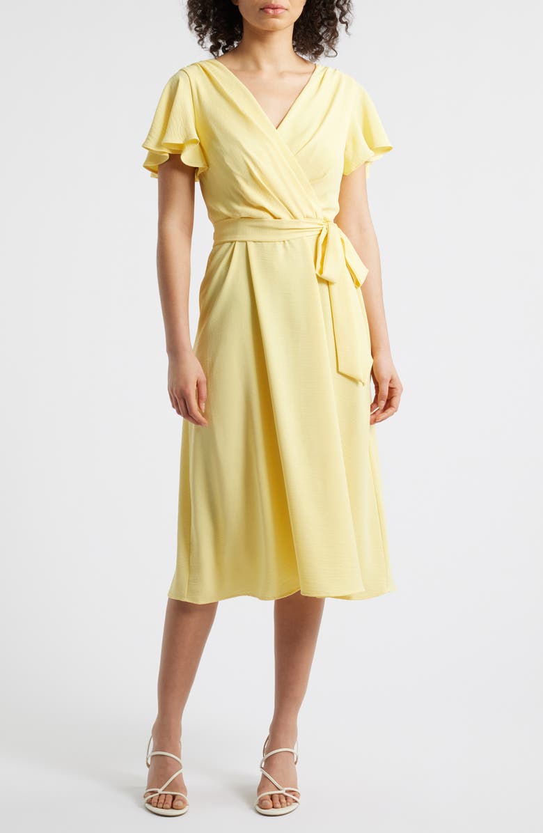 Connected Apparel Flutter Sleeve Tie Waist Crepe Midi Dress, Main, color,