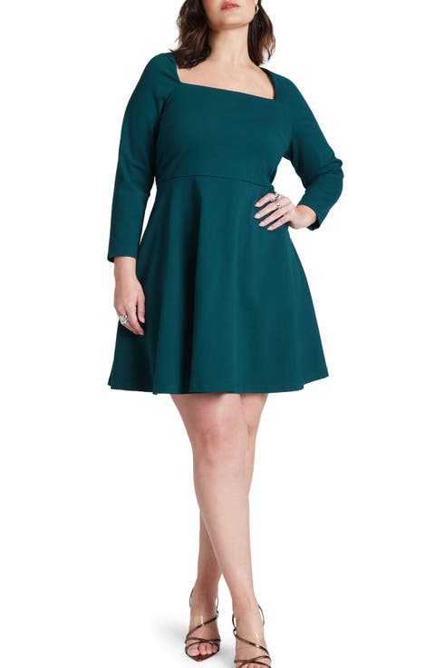 Square Neck Three Quarter Sleeve Fit & Flare Dress (Plus)