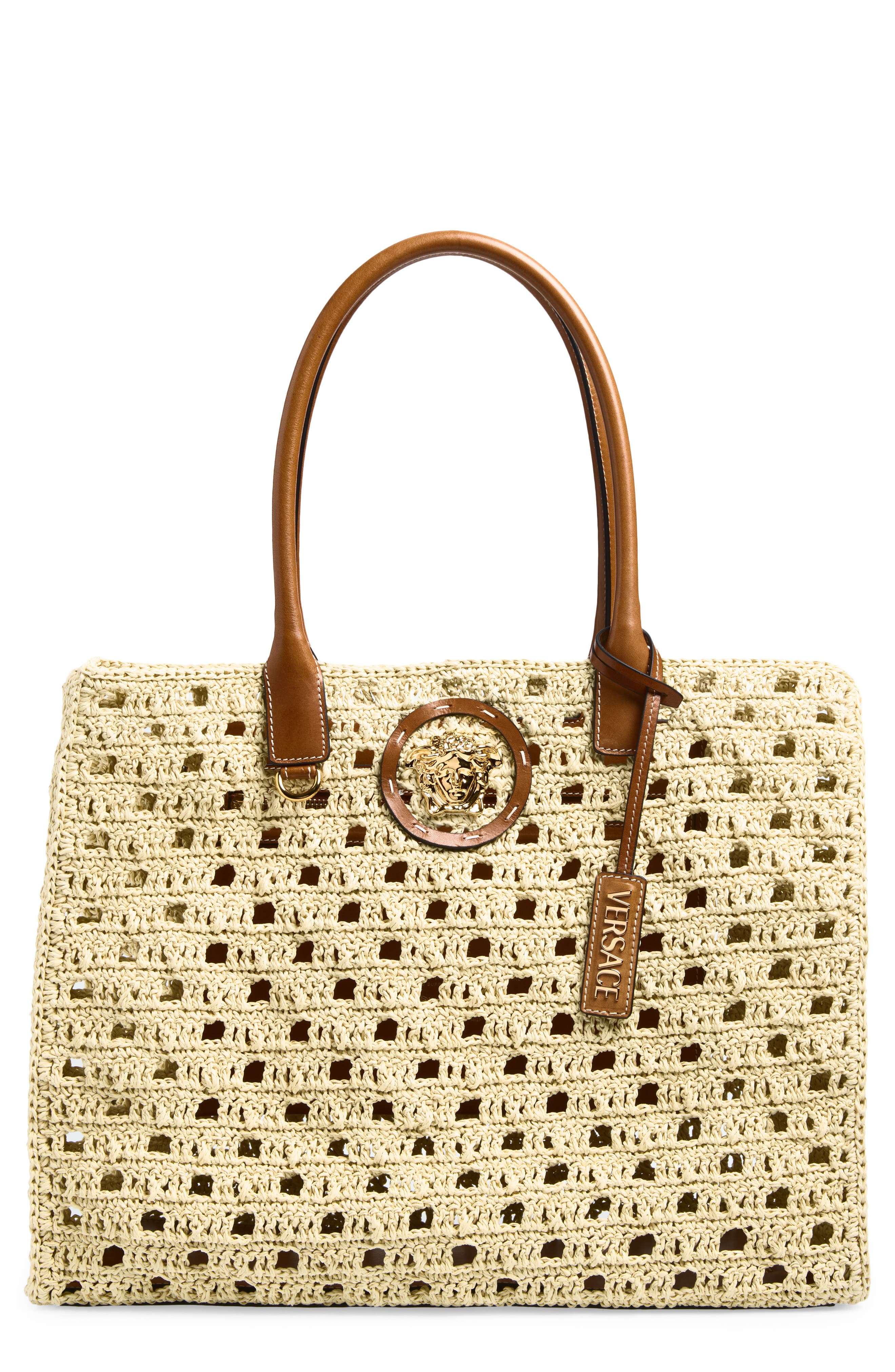 Versace Crochet Tote, Main, color, Natural Ambrer Gold