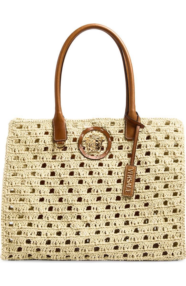 Versace Crochet Tote, Main, color, Natural Ambrer Gold