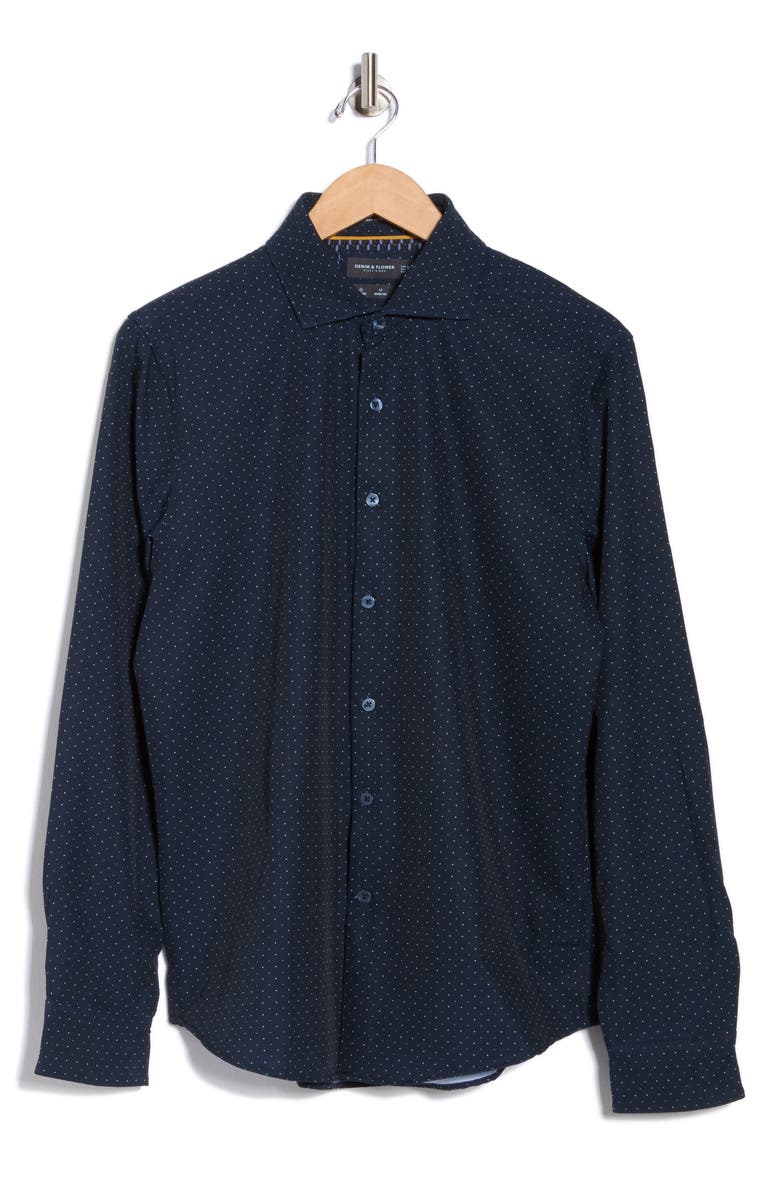 DENIM AND FLOWER Polka Dot Stretch Button-Up Shirt, Main, color, Navy