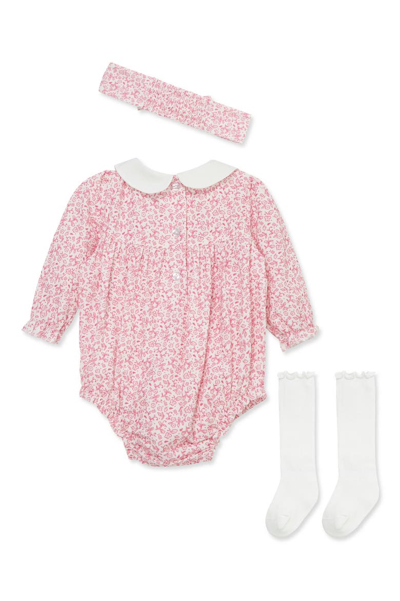 Floral Smocked Bubble Romper, Headband & Socks 3-Piece Set, Alternate, color, PINK FLORAL