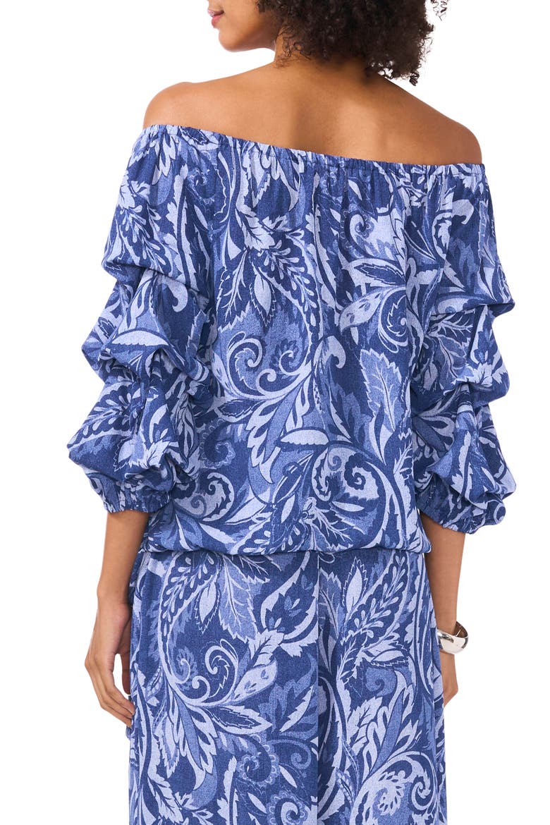 Paisley Floral Off the Shoulder Bubble Sleeve Top, Alternate, color, DENIM