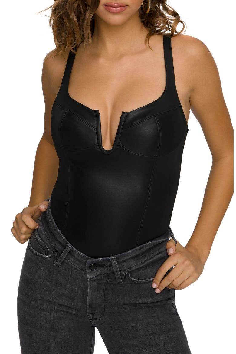 U-Neck Corset Faux Leather Bodysuit, Main, color, BLACK