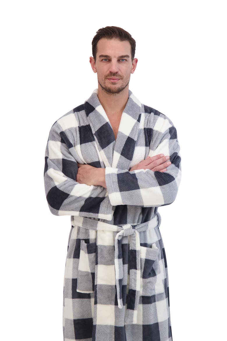 Plaid Fleece Robe, Alternate, color, WHITE/ BLACK