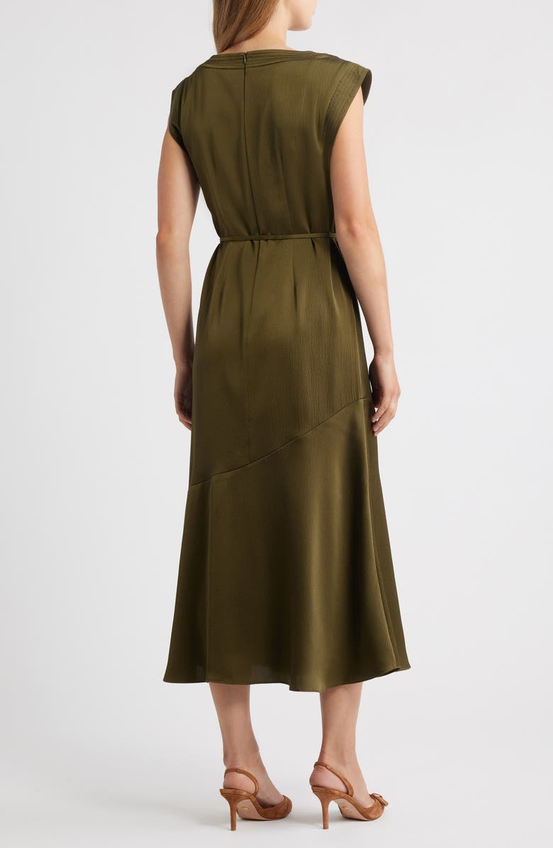 Vince Camuto Cap Sleeve Stretch Satin Belted Dress, Alternate, color, Olive
