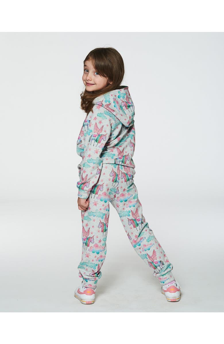 Deux par Deux Girl's Shiny French Terry Sweatpants Gray Mix Printed Unicorn, Alternate, color, 