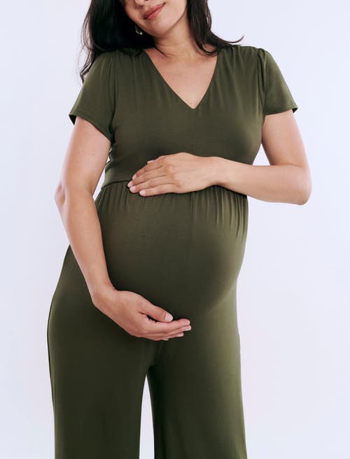 MOTHERHOOD MATERNITY MOTHERHOOD MATERNITY SHORT SLEEVE V-NECK FLARE LEG JUMPSUIT