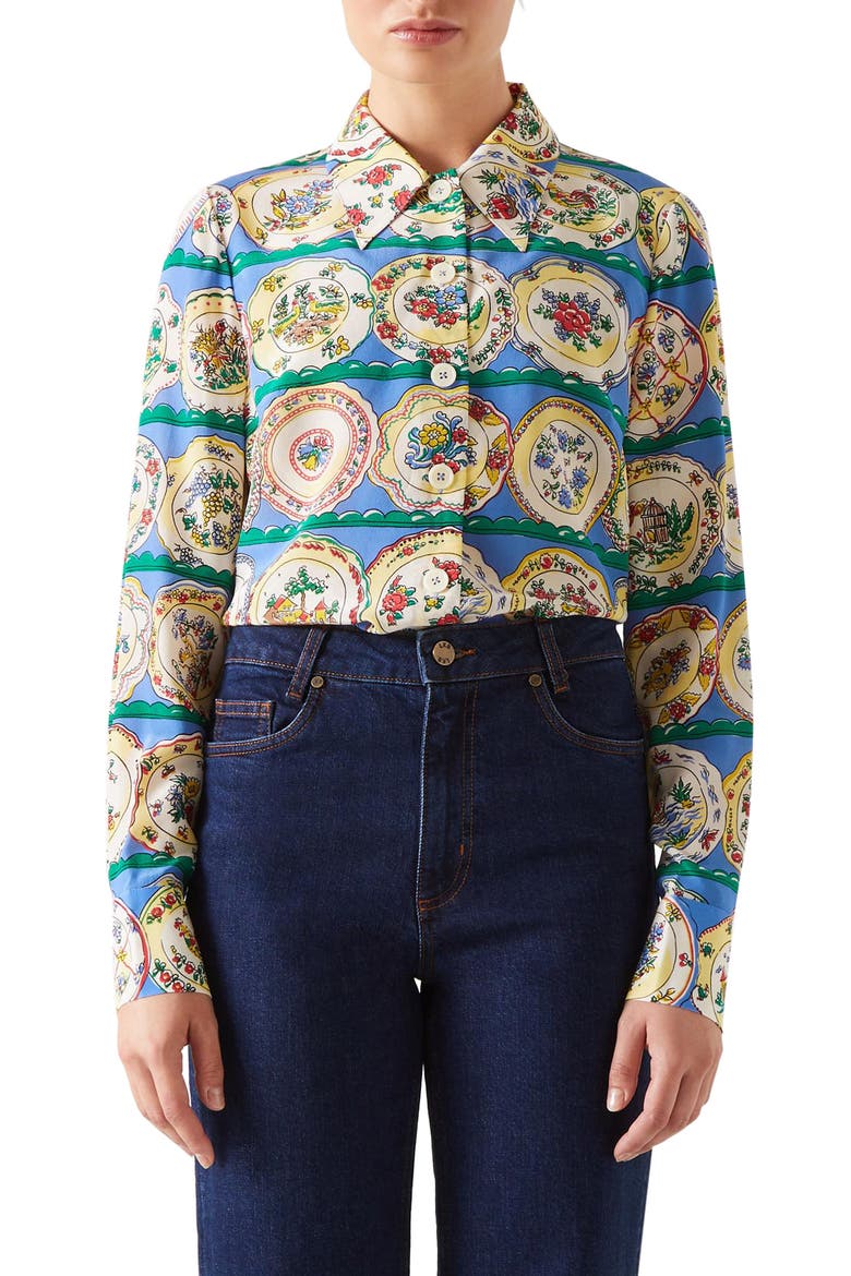 Erica Plate Print Silk Button-Up Shirt, Main, color, BLUE