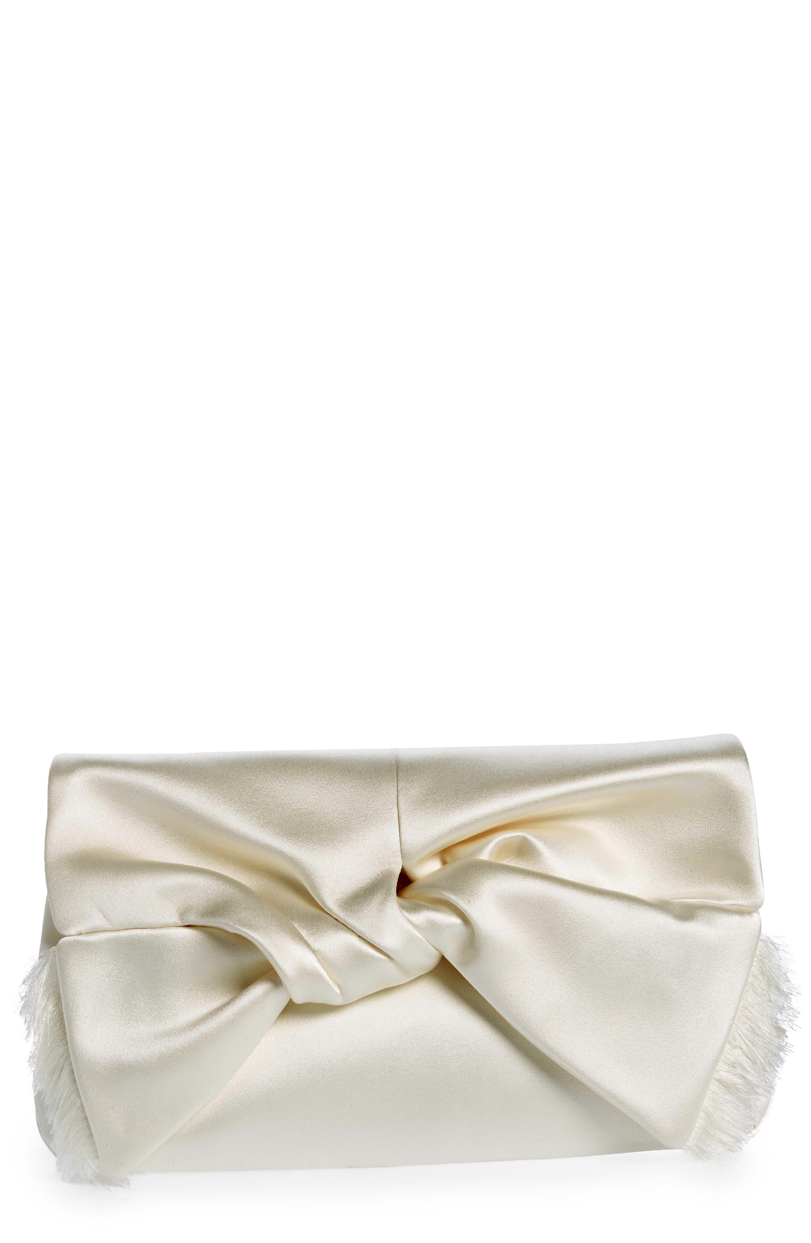 Anya Hindmarch Bow Double Face Satin Clutch, Main, color, Ivory