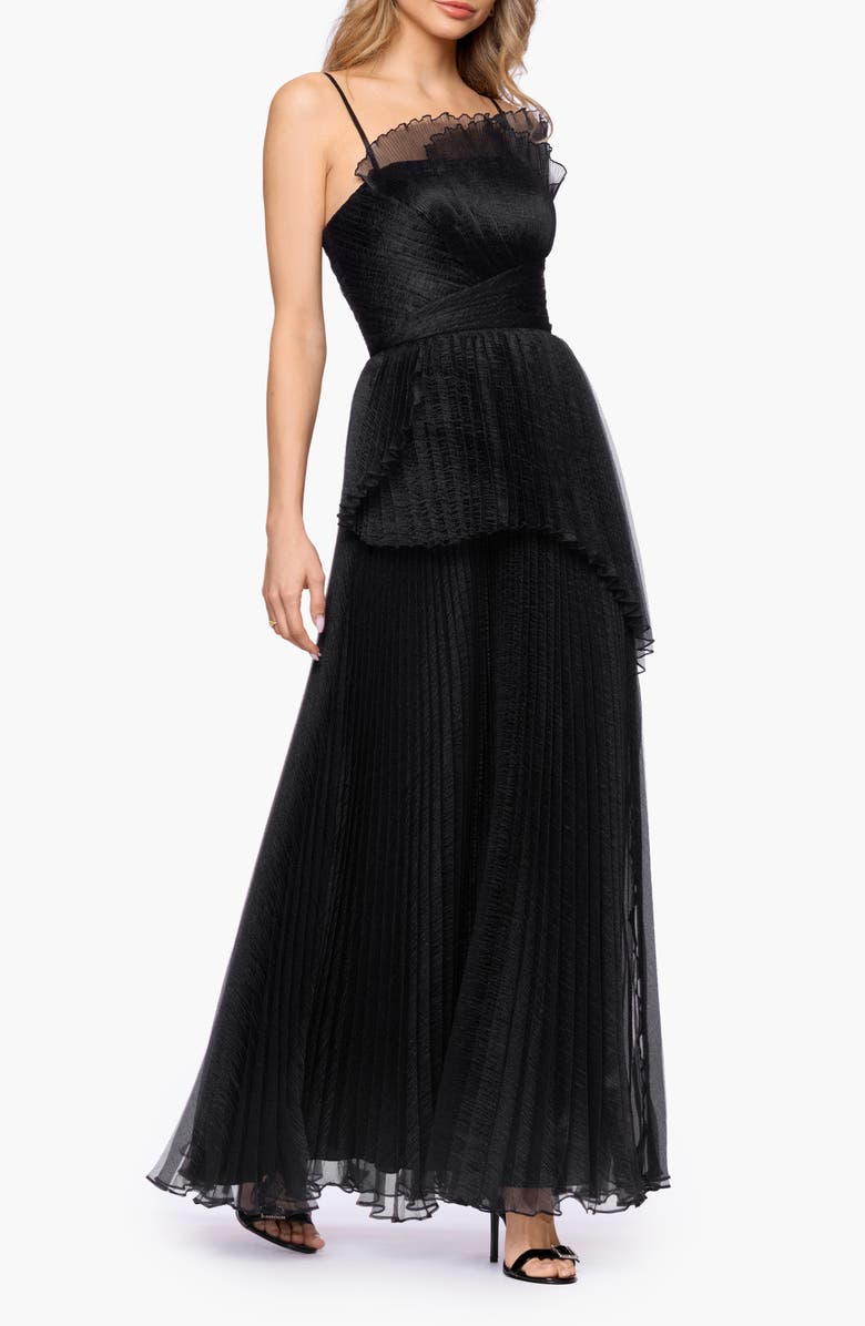 Betsy & Adam Fan Pleated Tulle Gown, Alternate, color, Black