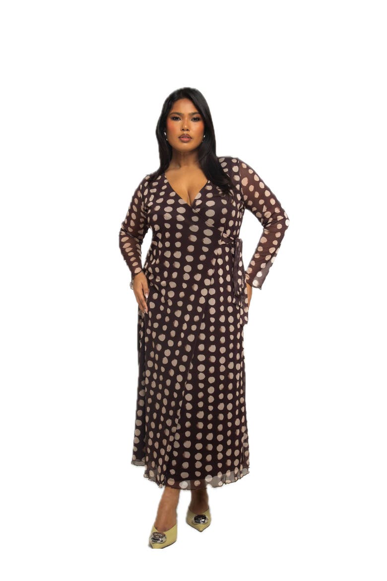Polka Dot Wrap Midaxi Dress, Main, color, Brown