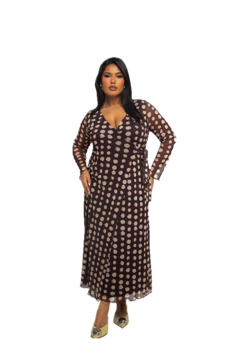 FASHION-SZN CURVE Polka Dot Wrap Midaxi Dress, Main, color, Brown
