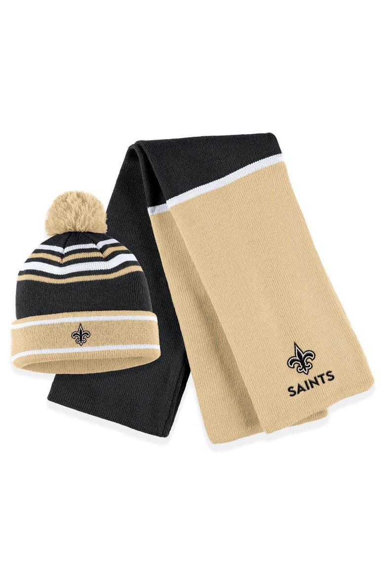 Women's WEAR by Erin Andrews Black New Orleans Saints Colorblock Cuffed Knit Hat with Pom and Scarf Set, Main, color, Black