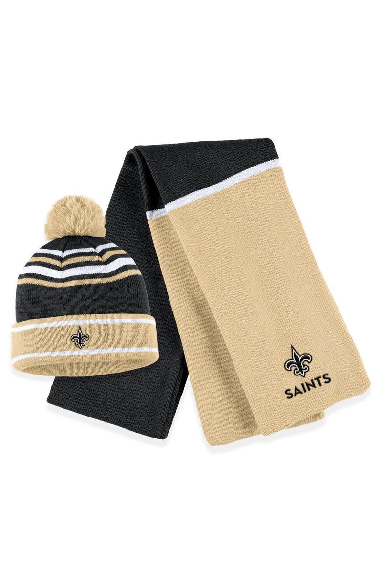 WEAR by Erin Andrews Women's WEAR by Erin Andrews Black New Orleans Saints Colorblock Cuffed Knit Hat with Pom and Scarf Set, Main, color, Black