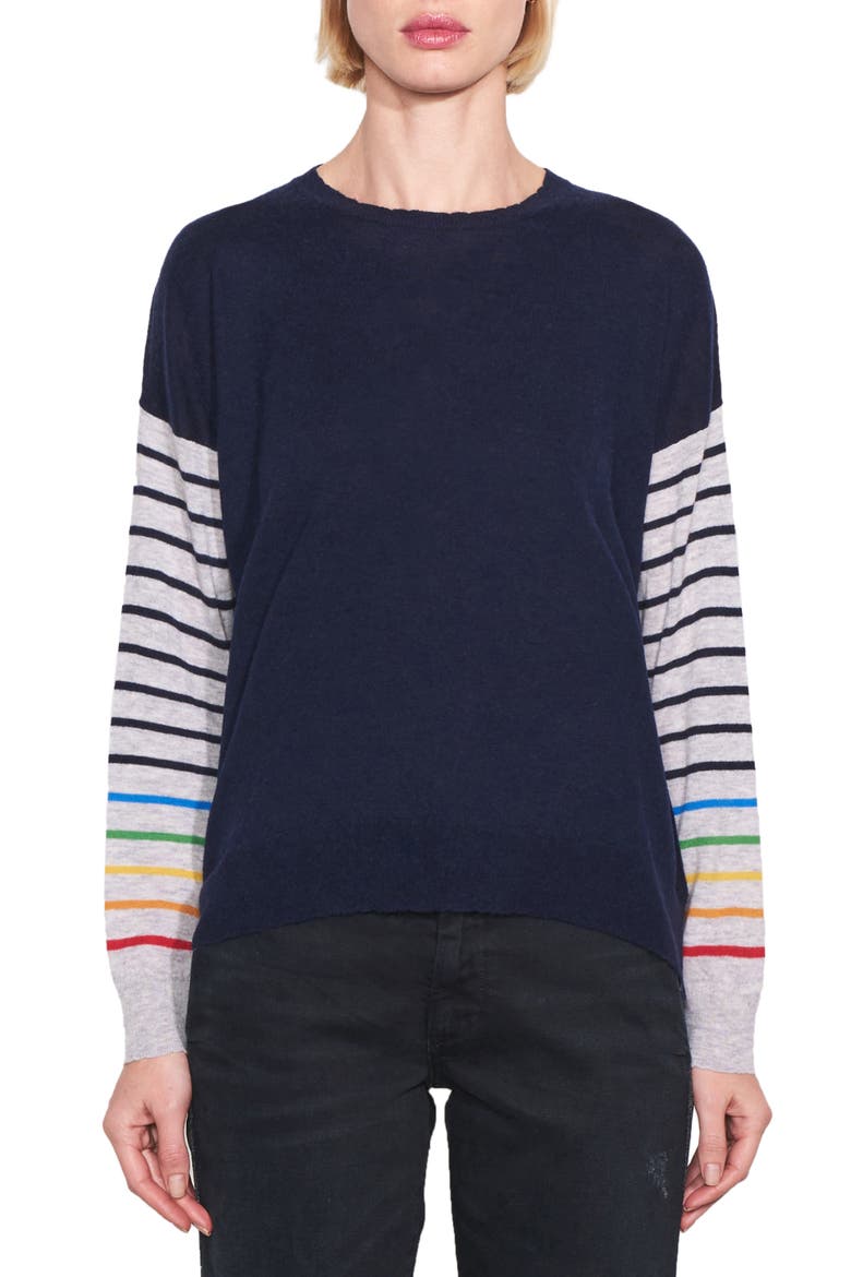 Rainbow Stripe Sleeves Wool & Cashmere Sweater, Main, color, NAVY