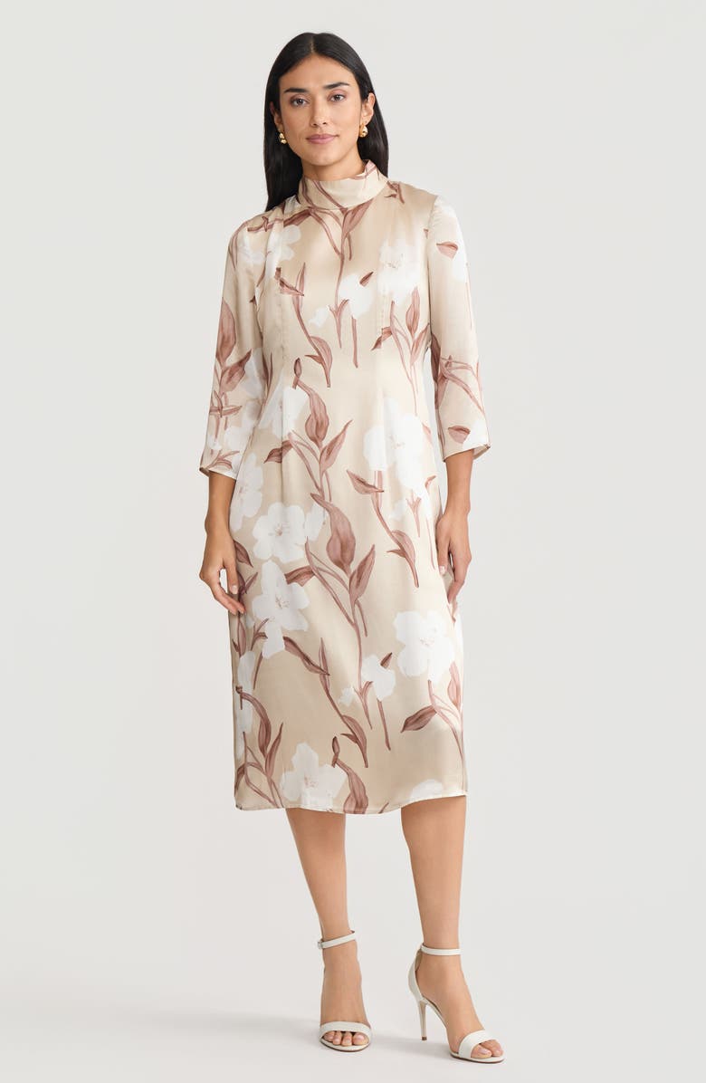 Misook A-Line Floral Print Silk Midi Dress, Main, color, Biscotti/Charmeuse