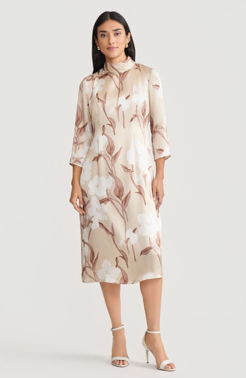 A-Line Floral Print Silk Midi Dress
