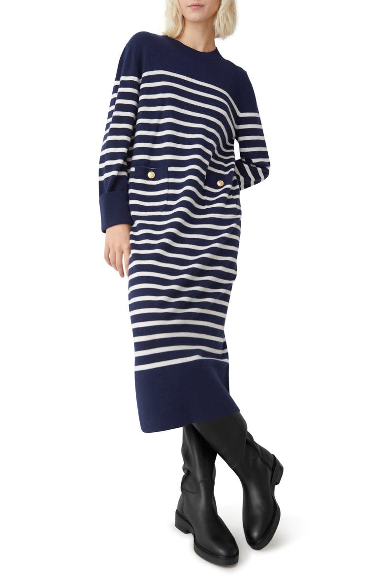 Breton Stripe Long Sleeve Wool Midi Sweater Dress, Main, color, NAVY STRIPE