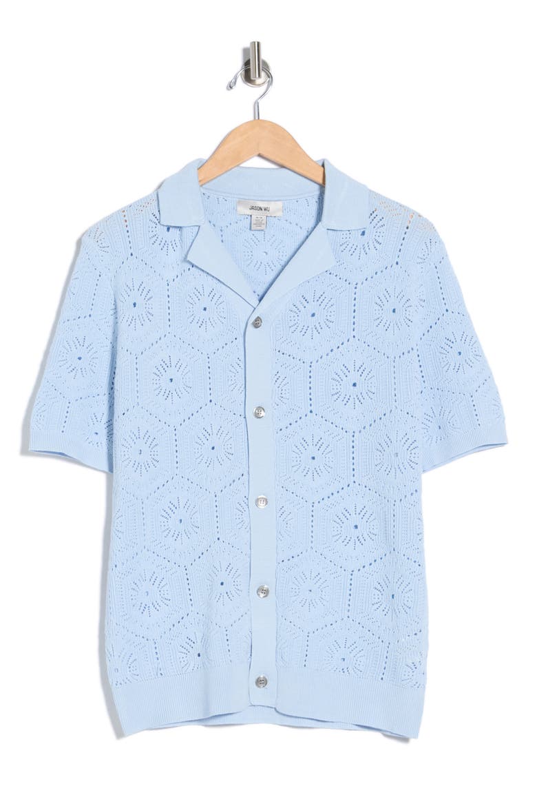 Pointelle Knit Short Sleeve Button-Up Shirt, Alternate, color, SOFT BLUE