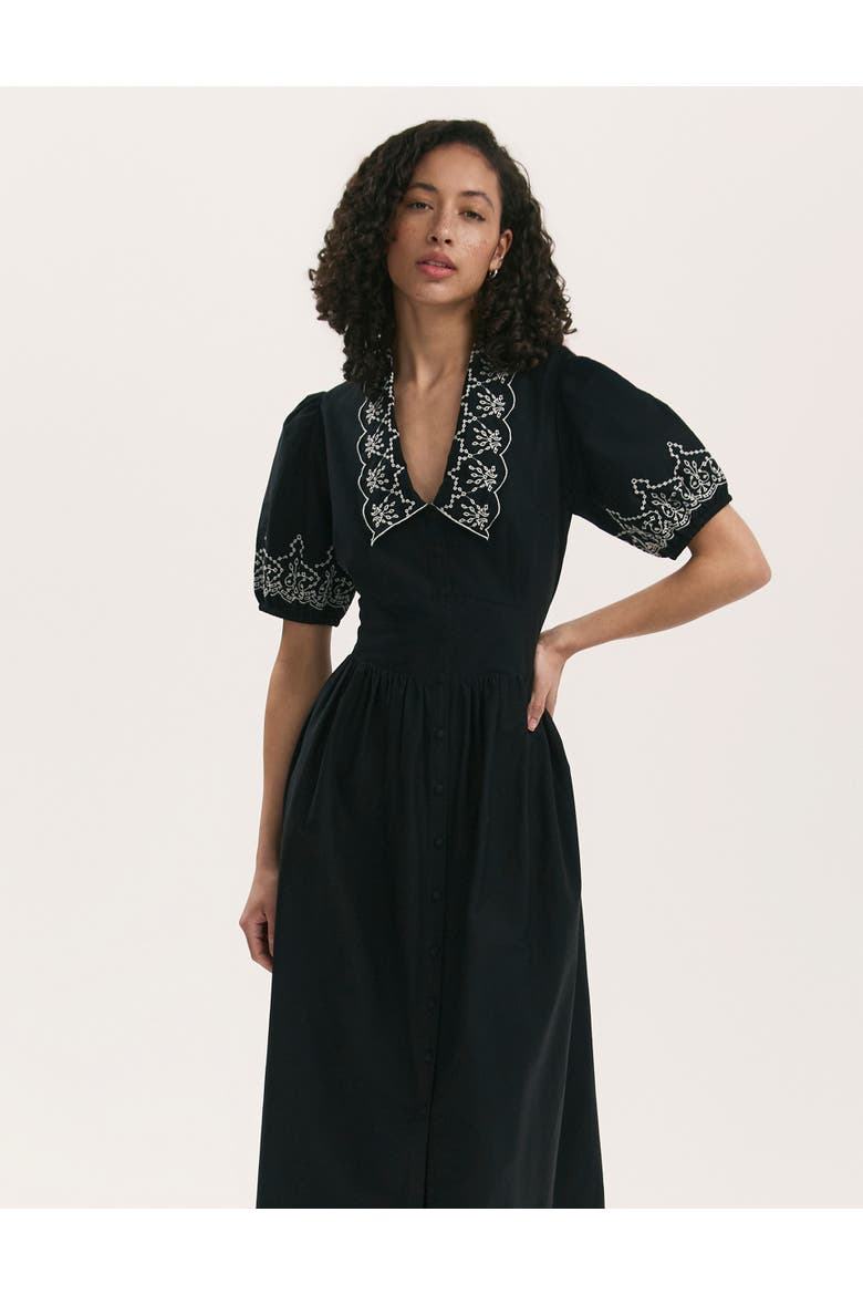 Arianna Embroidered Cotton Midi Dress, Alternate, color, Black