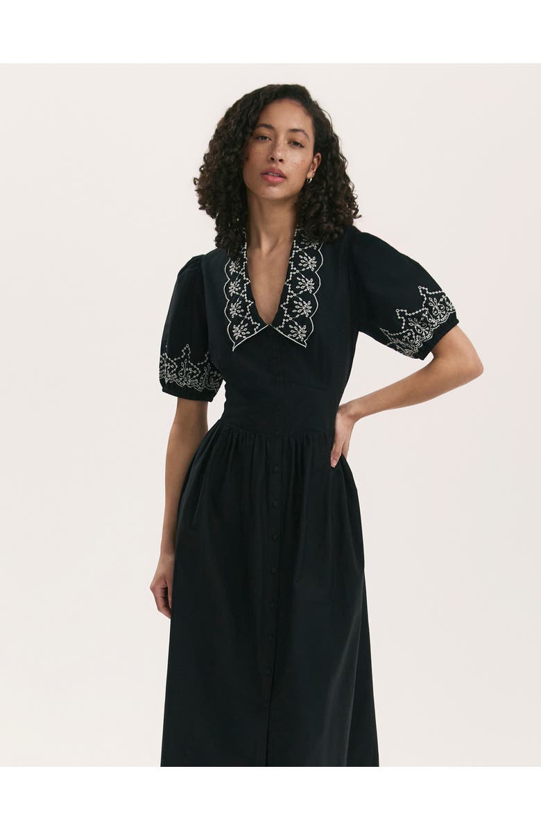 Finery London Arianna Embroidered Cotton Midi Dress, Alternate, color, Black