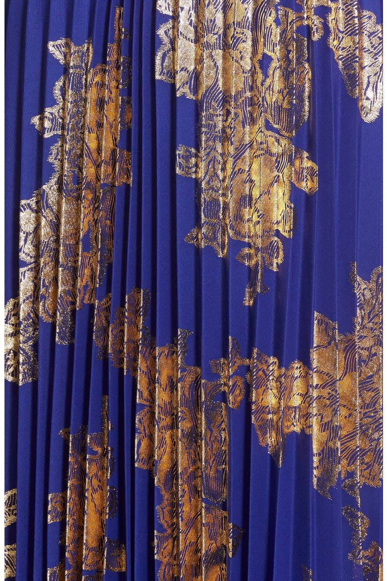 Xscape Foiled Pleated Blouson Gown, Alternate, color, COBALT/ GOLD