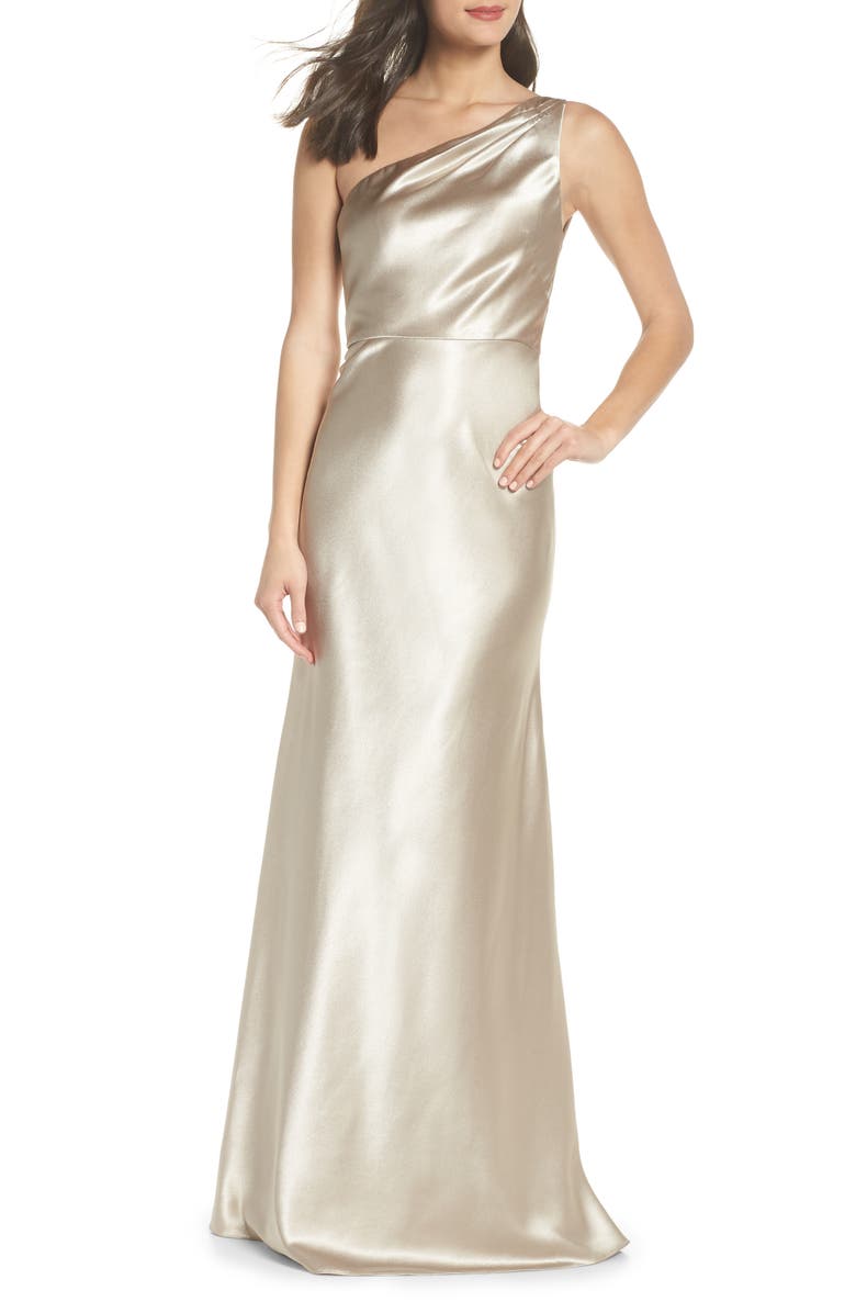 Jenny Yoo Lena One-Shoulder Crepe Back Satin Gown, Main, color, 