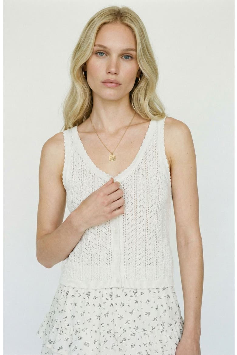 Lux Light Pointelle Knit Cotton Blend Button-Up Tank, Alternate, color, SNOW WHITE