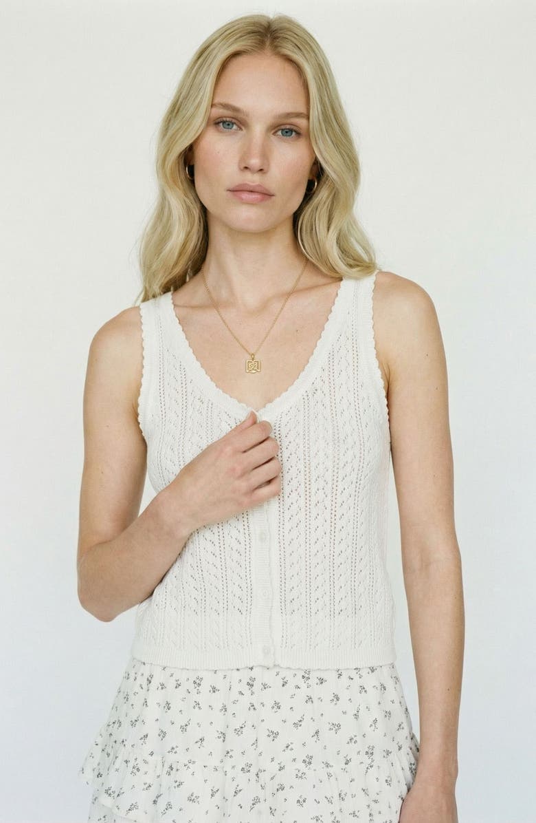 VERO MODA Lux Light Pointelle Knit Cotton Blend Button-Up Tank, Alternate, color, Snow White