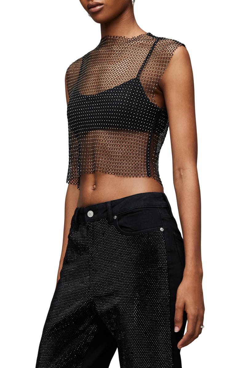 AllSaints Calytrix Sparkle Mesh Crop Top, Alternate, color, Black