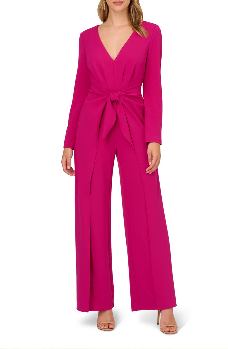 Adrianna Papell Tie Front Long Sleeve Wide Leg Stretch Crepe Jumpsuit, Main, color,