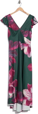 Calvin Klein Floral Flutter Sleeve V Neck Midi Dress