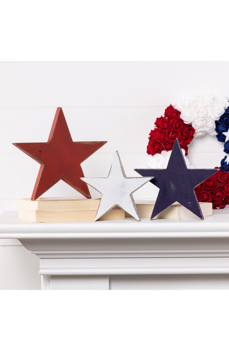 Transpac Wood 8.4 in. Patriotic Star Block Decor Set of 3, Alternate, color, Red